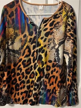 Multicolor Animal Print Zip-Front Long Sleeve Top